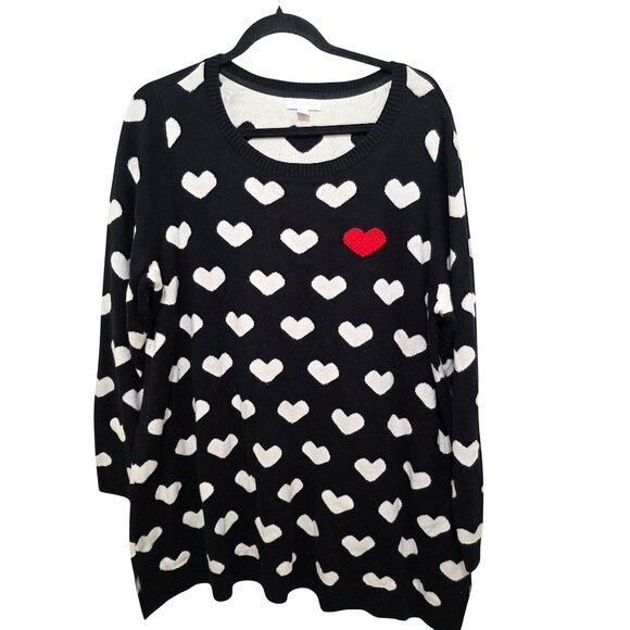 Charter Club Plus Size Black & White Heart Pattern Sweater Red Accent Heart Size - Picture 1 of 9